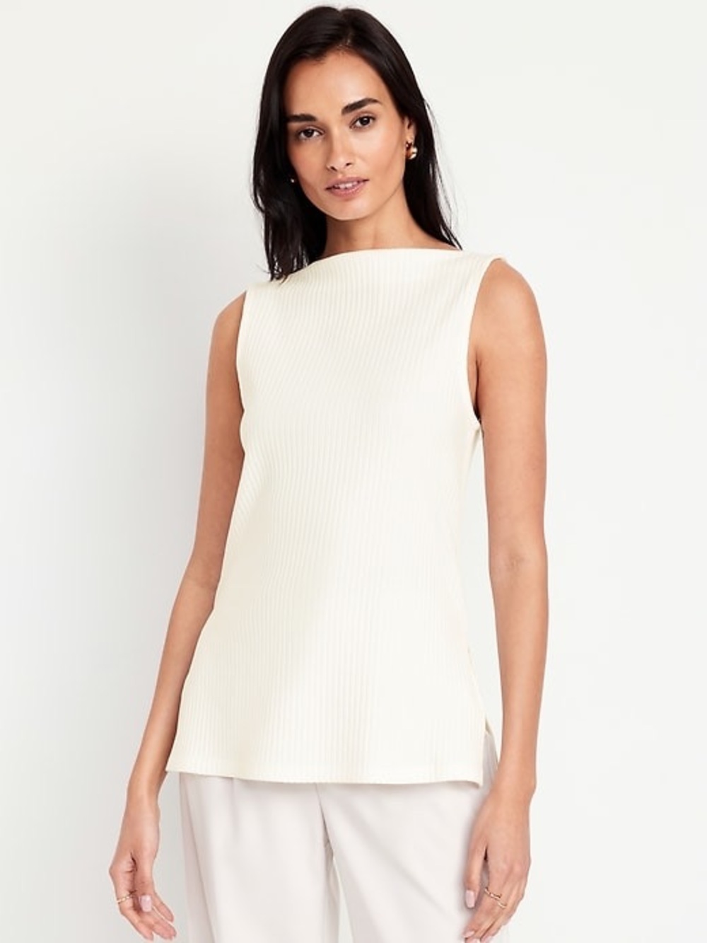 Boat neck Long Ribbed cotton blend side slits tank top